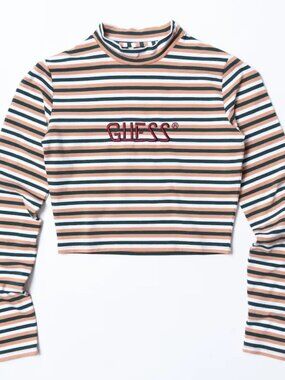 Guess Original 1981 Green/Brown/White striped crop top Long Sleeve Top